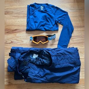 Boys/Girls/Kids 10/12 snowpants/snowbib, long sleeve shirt and ski goggles